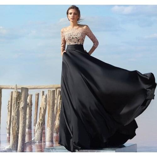 Asymmetrical A-line Black horizontal neck Sweep Floor length Applique Zipper Banbage Seven sleeves Open back Evening Dresses