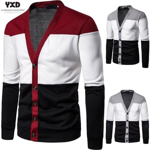 Free shipping Men Clothes Tricolor Spliced Knitted Cardigan Man Coat Mens Sweaters Casual Mans Sweater Slim Mens Clothing Male