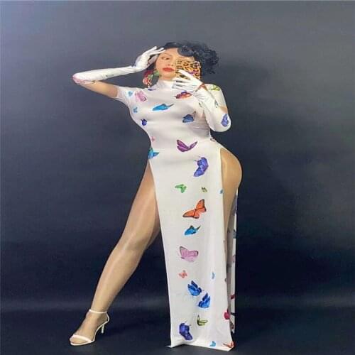 H58 Dancer Singer Sexy Long Sleeves Slim Outfits Jumpsuit Elastic Stretch Club Bodysuit Tight Party High Fork Cheongsam Dress Dj