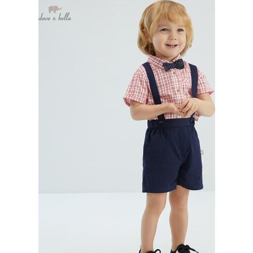 DB18084 dave bella baby boys summer casual bow plaid clothing sets kids boy fashion short sleeve sets children 2 pcs suit