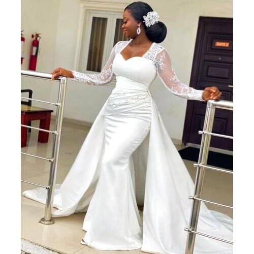 Lace Long Sleeve Mermaid Wedding Dresses 2021 African Plus Size Aso Ebi Sweetheart Stain Bridal Gowns vestidos de novia