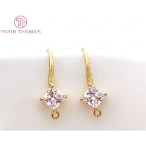 6PCS 24MM 24k Gold Color Brass with Zircon Rhombus Earrings Hooks High Quality Jewelry Findings Accessories