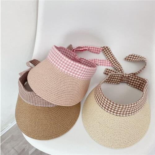 Fashion Summer Kids Visor Caps Girls Plaid Sun-Resistant Baseball Hat Straw Hat with Bowknot Kids Sunshade Sun Hat Beach Cap