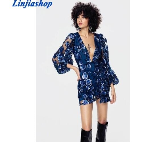 Fashion Women Floral Embroidery Sequin Dress Sexy Transparent Lantern Sleeve V Neck Bodycon Mini Party Dress Winter robe