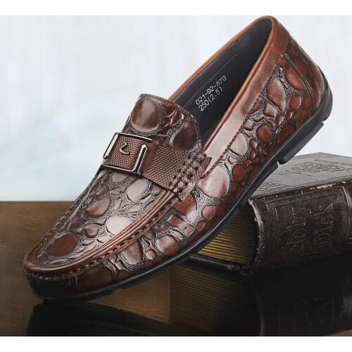 Mens Genuine Leather Silp on Brown Crocodile Pattern Driving Soft Daily Pea Loafer Shoes Summer Black Dress Business Shoes 2021