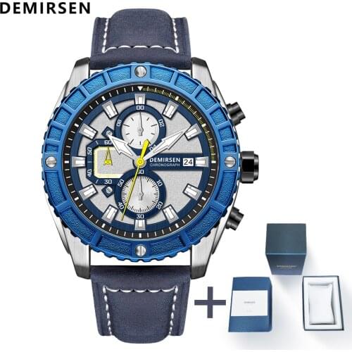 Demirsen Luxury Brand Chronograph Quartz Waterproof Men Sport Wristwatches Luminous Big Dial Leather Band Casual Clock