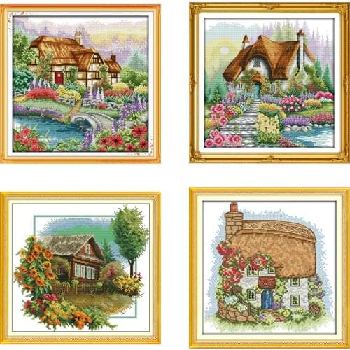 Cross stitch kit with pattern flowers and house garden villa 11CT and 14CT printed cloth embroidery kit home decoration painting