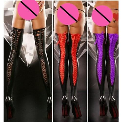Sexy Stockings Black Leather Latex Long Lace Bandage Fishnet Pole Dancing Club Medias Thigh High Erotic Stockings YZ49