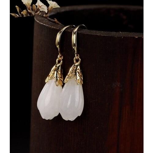 Natural 925 sterling silver inlaid hetian jade earrings, white jade ladies, temperament magnolia flower earrings women earrings
