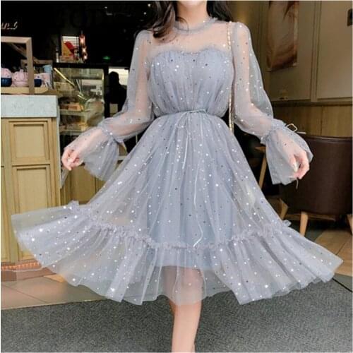 Spring Autumn New Female O-neck Stars Sequined Mesh Shiny Fairy Dress Women Elegant Bling Gauze Princess Puff Dresses