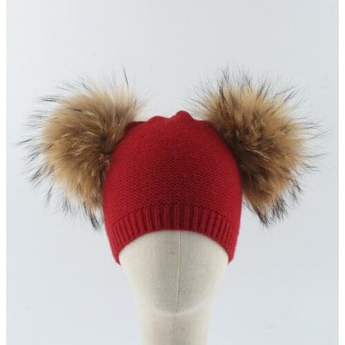 Hat Girl Winter With Double Pompom Knit Boy Beanie Real Raccoon Fur Autumn Warm Skiing Accessory For Kids Toddlers