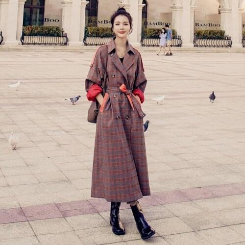 Windbreaker Jacket Female 2021New Spring Autumn Design Sense Long Korean Loose Lattice Stitching Fashion Tooling High-End Coat8T