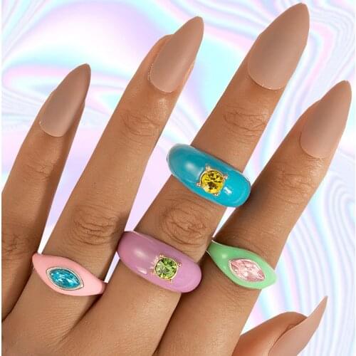 Y2K Jewelry 4pcs Candy Color Crystal Rings For Women Metal Vintage Fashion Punk Harajuku Ring Set Charm 90s Aesthetic Gifts