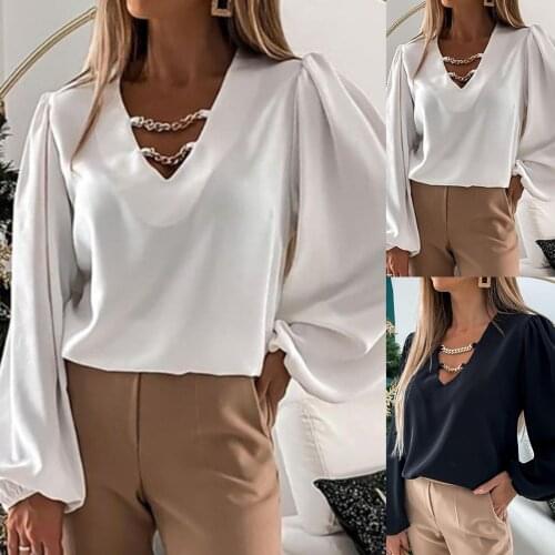 Chic Women Hollow Out Chain V Neck Office Polyester Long Sleeve Solid Color Blouse Tops T-shirt Streetwear
