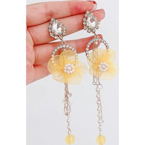 MWSONYA 2021 Trend Yarn Flowers Earrings for Women Crystal Drop Pendant Tassel Pearl Chain Dangle Jewelry Gift Korea Earrings