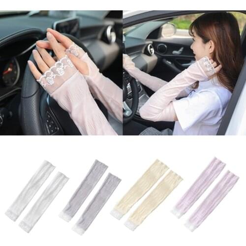 Women UV Protection Ice Silk Ruched Arm Sleeves Cover Floral Lace Splicing Solid Color Driving Cycling Sunscreen Gloves