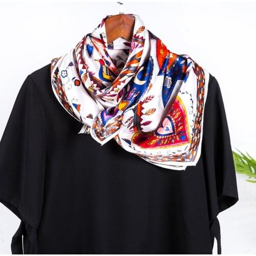 FXAASS Women Hijab Scarf Fashion Lady Retro Luxury 100% Mulberry Silk Scarf Shawls Square 90cm Cartoon Star Tree Cape Headband
