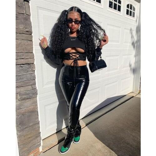 Imcute Sexy Women Long Sleeve Sexy Bandage Crop Tops + Split Hem PU Faux Leather Pants Two Piece Set Fitness Tracksuit Outfits