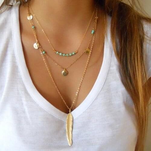2017 New Fashion Boho Womens Simple Chain Multilayer Necklace Feather Pendant Sequins Tassel Necklace