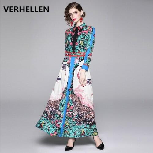 VERHELLEN Fashion Runway Maxi Dress 2019 Autumn Women Long Sleeve Green Leaves Print Casual Female Elegant Long Party Dresses