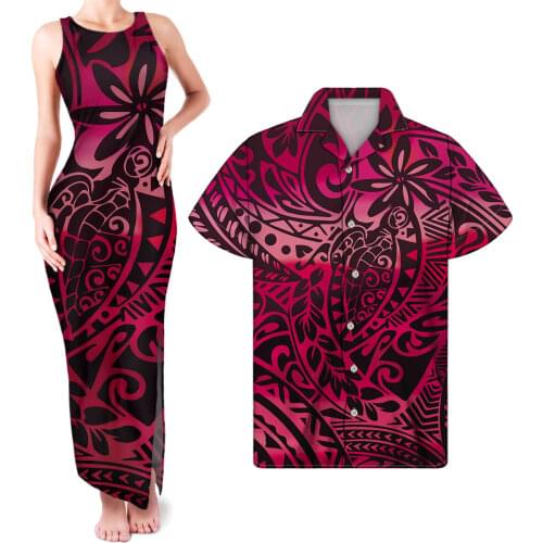 HYCOOL Couple Matching Set 2021 Hibiscus Print Plain Rose Red Polynesian Womens Bodycon Sleeveless Dresses Plus Size Women Maxi