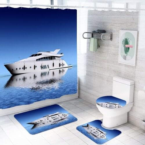3/4 Pieces Steamboat/Steamship Shower Curtains Sets Sea Transportation Carpet Toilet 3D Print Colorful Bathroom Mat Home Decor
