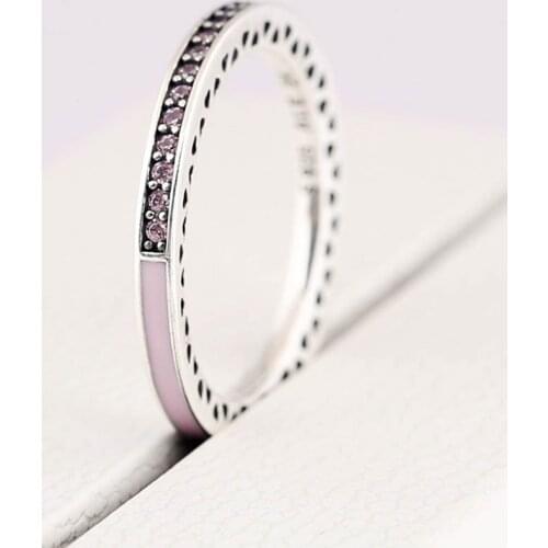 Authentic S925 Ring Radiant Hearts Ring for Women Clear CZ Crystal Lady Jewelry Pink Enamel
