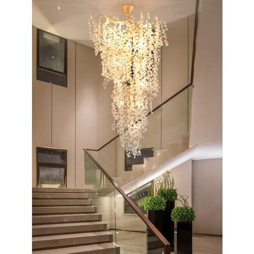 Post-modern light luxury villa living room large chandelier, double floor simple copper branch staircase lamp