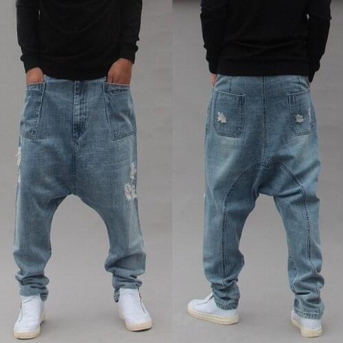 Jeans Men 2019 New Loose Large Size Denim Harem Pants Hanging Pants Pants Alternative Hole Street Dance Pants More Sizes M-4XL