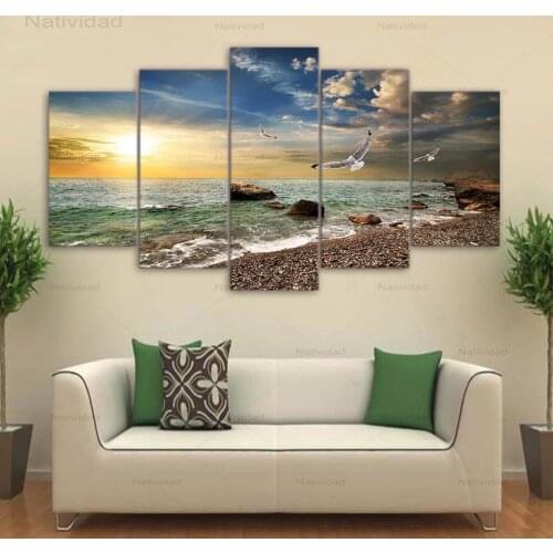 European Style Canvas Painting Sunset Seascape Animals Seagull Beach 5 Pieces Wall Art Pictures Kitchen Restaurant Decoration