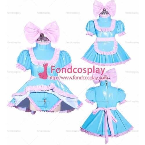 Fondcosplay adult cross dressing sissy maid French Lockable baby blue thin PVC Romper Dress Jumpsuit panties Tailor-made[G3970]