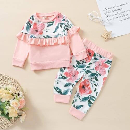 Spring Fall Fashion Sweet Floral Print Girls Outfits Macrame Splicing Long Sleeve O-Neck Sweatshirt Tops Pants 2pcs Clothes Sets