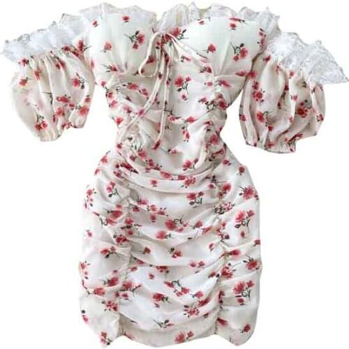 Summer New Womens Dress One-shoulder Sexy Open Back Slim Folds Bag Hip Floral Short Skirt