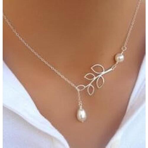 Hot Fashion Pearl Pendant Necklace Fashion Silver Color Leaf Imitation Pearl Drops Cross Necklace For Women Jewelry Gift Party