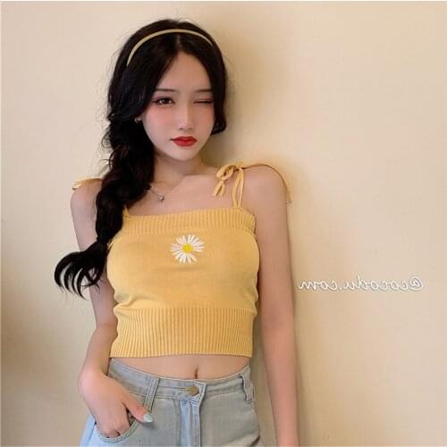 Fashion Women Knitted Crop Tops Daisy Flower Print Girls Spaghetti Strap Camis Ladies Harajuku Cute Crop Tops For Girls Summer