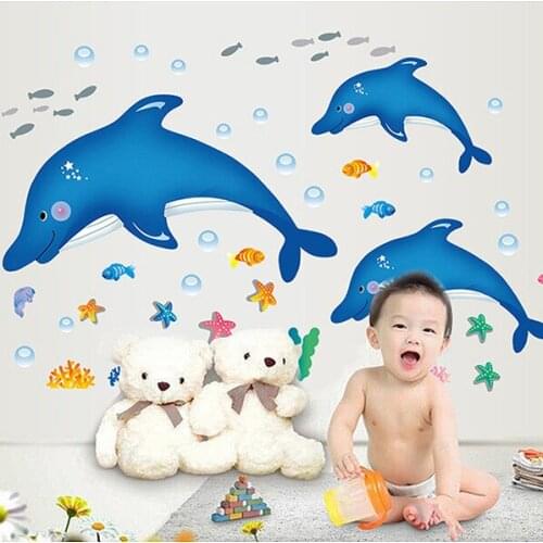 Cartoon Dolphin Wall Stickers for Kids Rooms Decoration Nursery Decals Poster Bathroom Waterproof Sticker Home Mural