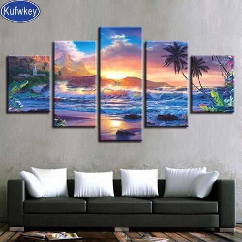 New DIY Diamond Painting Diamond Mosaic Cross Stitch 5 Pieces seascape 5D Square round Diamond Embroidery Home Decoration