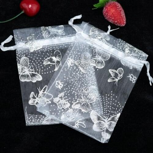 Wholesale 200pcs/lot White Organza Bag 7x9cm Small Wedding Decoration Jewelry Gift Packaging Bag Favor Butterfly Print Gift Bags