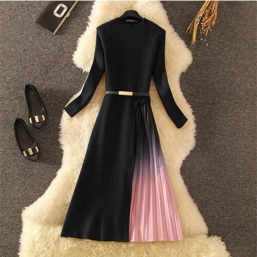 Autumn Winter Vintage Elegant Knit Long Sleeve Midi Bodycon Work Office Lady Dress Slim Formal Pleated Dress Spring 2020