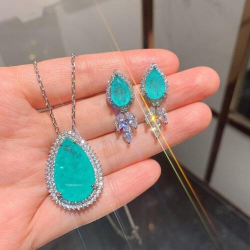 QTT Retro Silver 925 Jewelry Stunning Paraiba Tourmaline Gemstone Necklace Earrings Set Temperament Bridal Wedding Gift