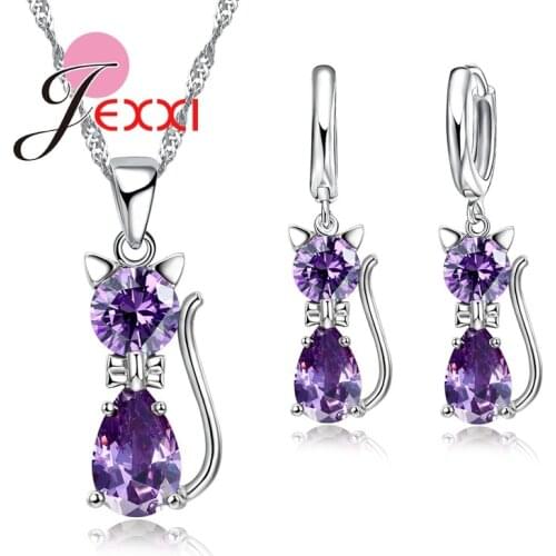 7 Colourful Cubic Zirconia Lovely Cat Shape Pendant Necklace Earrings for Women 925 Sterling Silver Jewelry