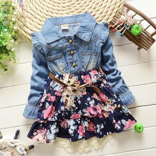 Girls Polka Dot cartoon princess dress Denim floral dress summer dresses Lace Flowers Long Sleeve Kids Free Shipping