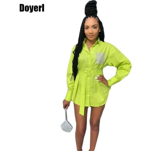 Neon Long Sleeve Shirt Dress Women Spring Summer Elegant Button Down Shirt Dress with Belt Ladies Mini Casual A Line Party Dress
