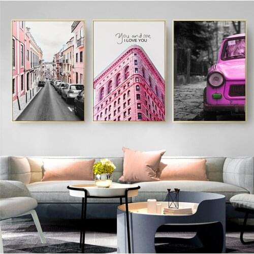 Nordic Pink Architectural Canvas Painting Retro Black White City Landscape Poster Print Modern Picture Living Room Home Decor