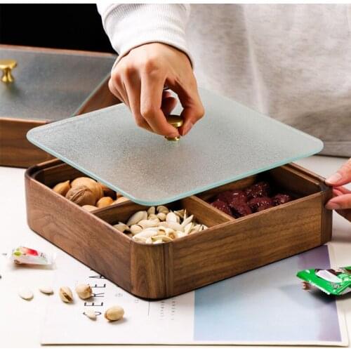 Walnut Solid Wood Divided Plate Dried Fruit Storage Box With Glass Cover Home Decoration Nuts Snack Cake Cookies Plates Tea Tray