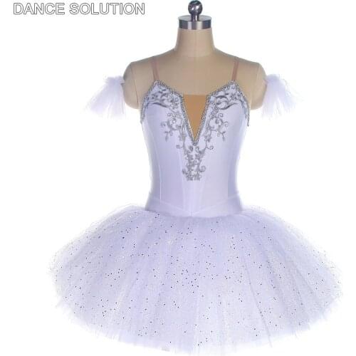 Child & Adult Ballet Dance Tutu White Spandex Bodice with Nude V Neck Insert on the Front Attached Bell-Shaped Tutu Skirt BLL443