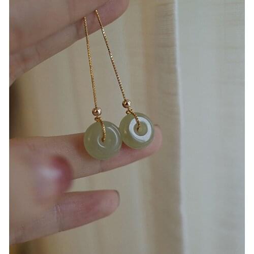 Real 14K Yellow Gold Jewelry Natural Green Jade Gemstone Earring Women Topaz Silver 925 Jewelry Bizuteria Drop Earrings Girls