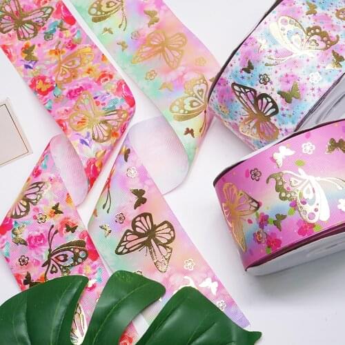 3"75mm Green Ink Gold Foil Cherry Pattern Pink Series Solid Grosgrain Ribbon DIY Bowknots Hair Band Making 50yards/roll