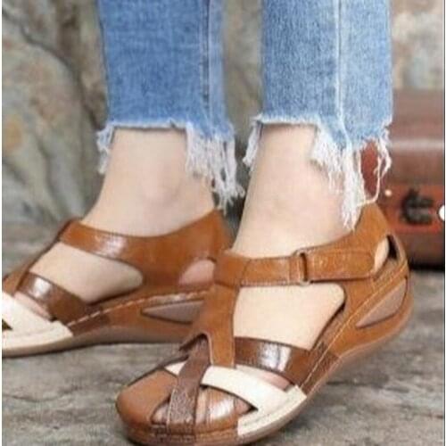 2021 New Summer Womens Sandals Fashion Velcro Wedge Casual Sandals Baotou Low Heel PU Roman Womens Shoes Zapatos De Mujer Hot