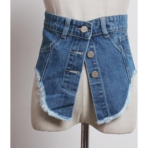 SeeBeautiful New Fashion 2020 Summer Autumn Blue Belts Pockets Single Breasted Tassel Irregular Wide Denim Girdle Women Y605